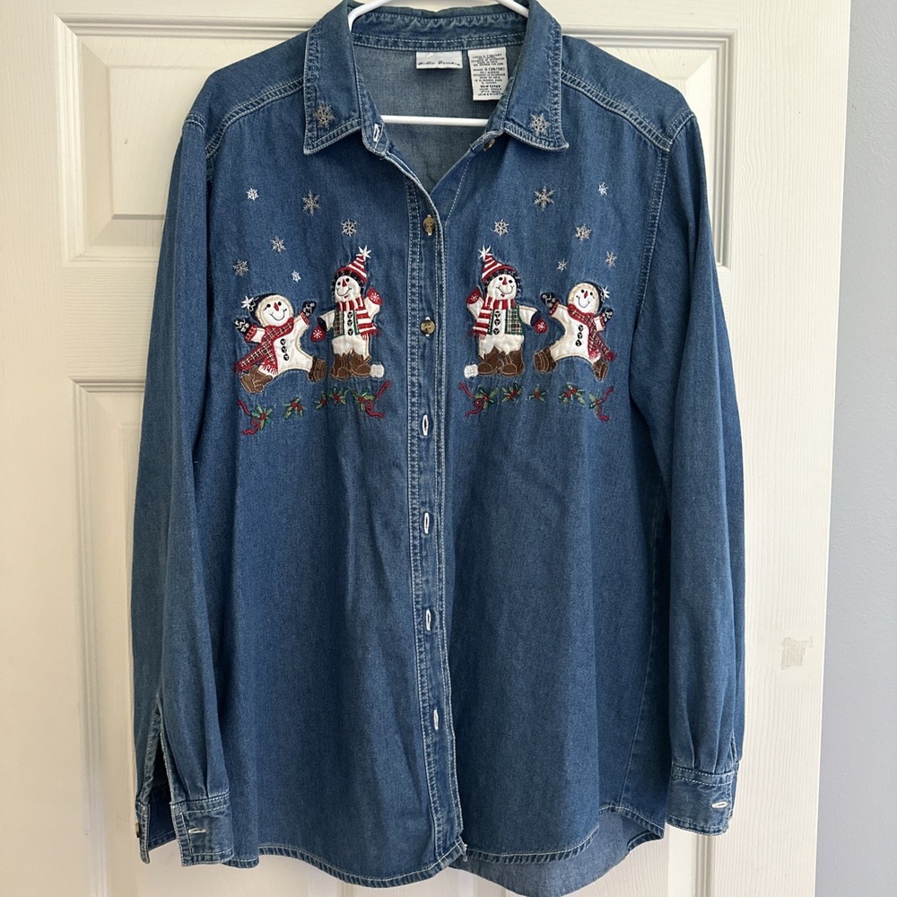 VTG 90's Bobbie Brooks Denim Shirt Christmas Snowman Embroidered Grandma Size L‎